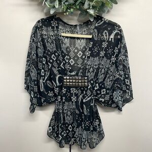 Mitto To The World Print Sheer Chiffon Plunging V-Neck Blouse Faux Leather S